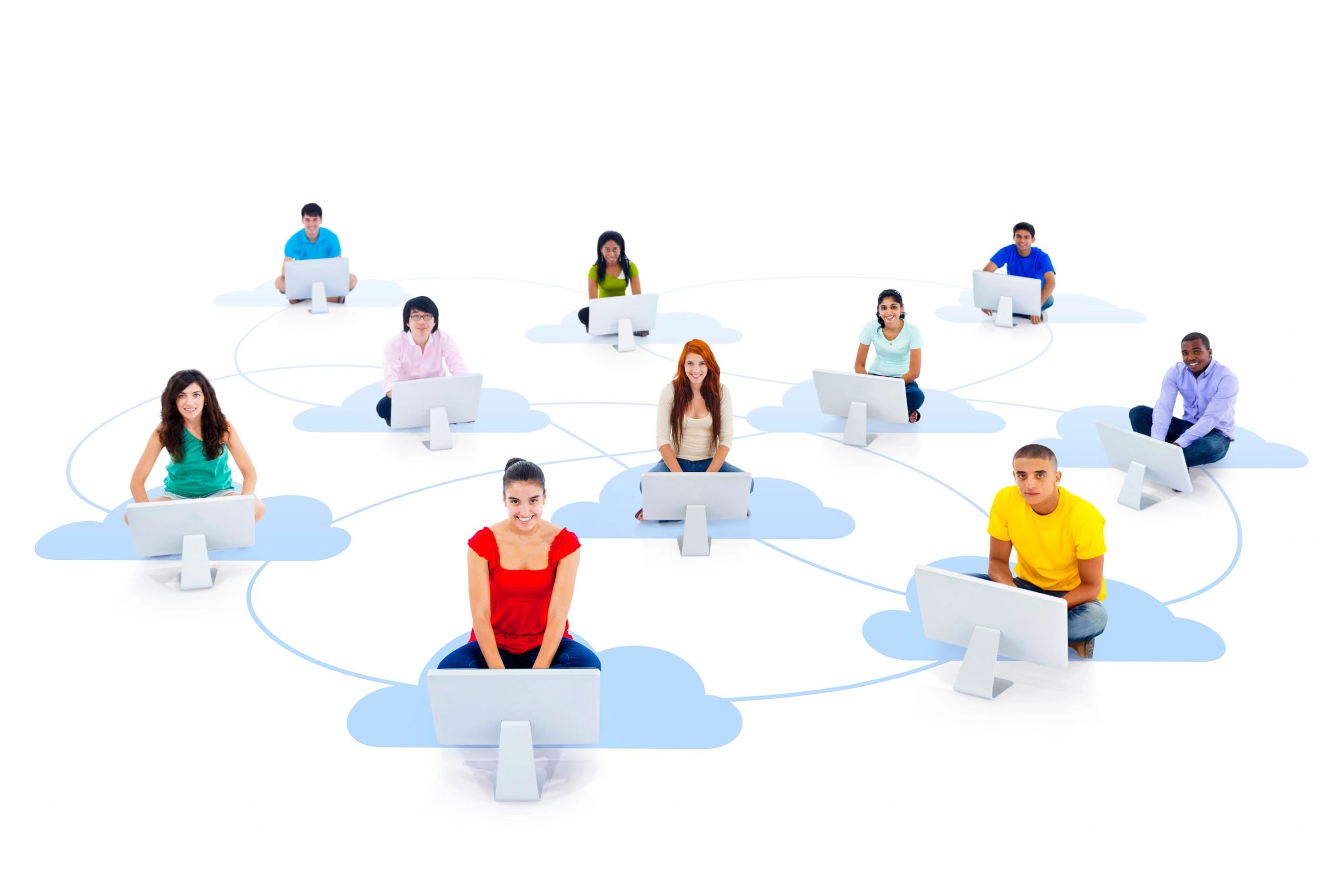 Group of Connected People Sitting on a Cloud